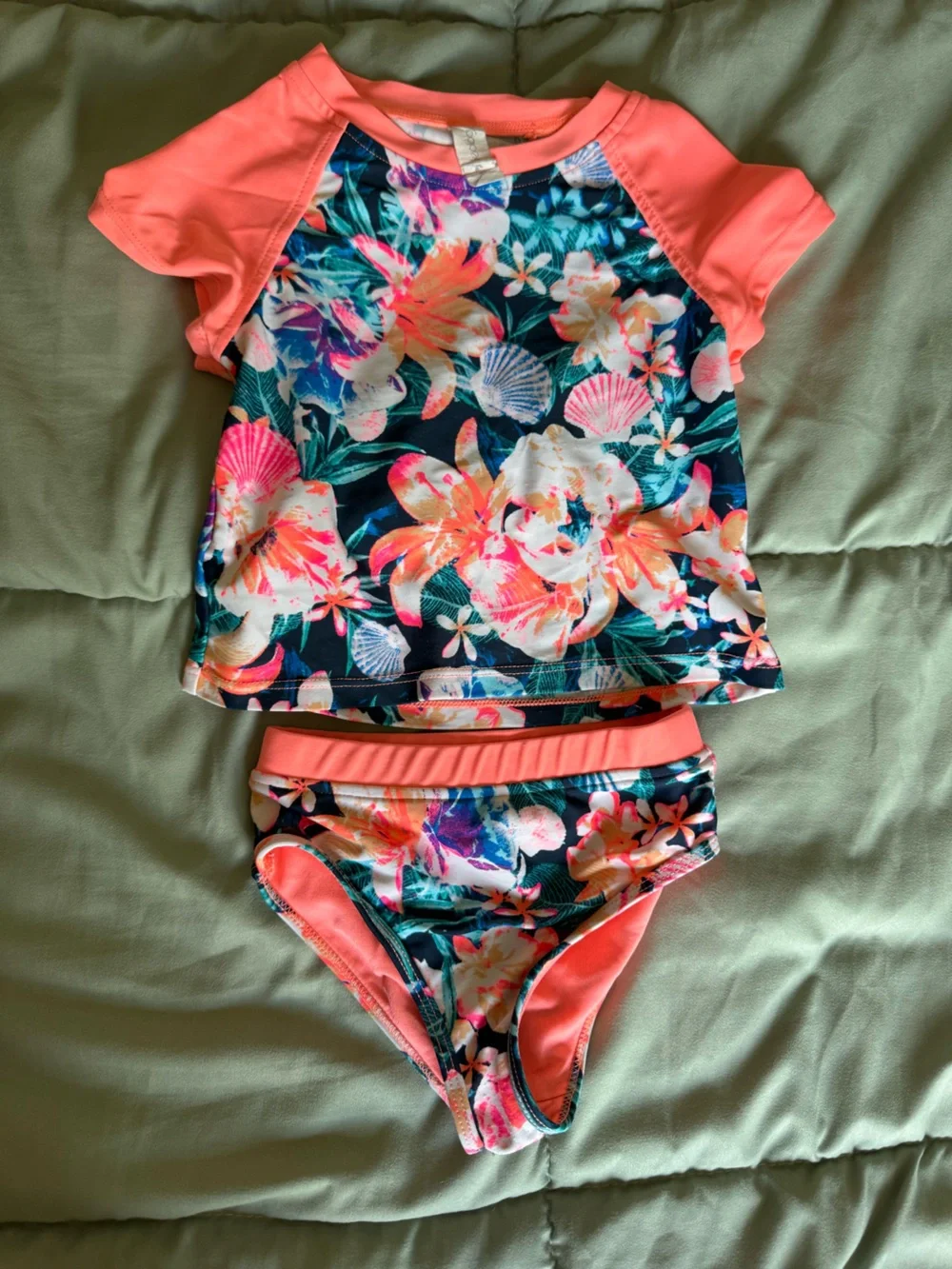 Ideology Girls' Coral Floral Short-Sleeve Two-Piece Swim Set